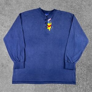 Vintage Disney Pooh Navy Blue Long Sleeve Henley Shirt Mens Large Embroidered